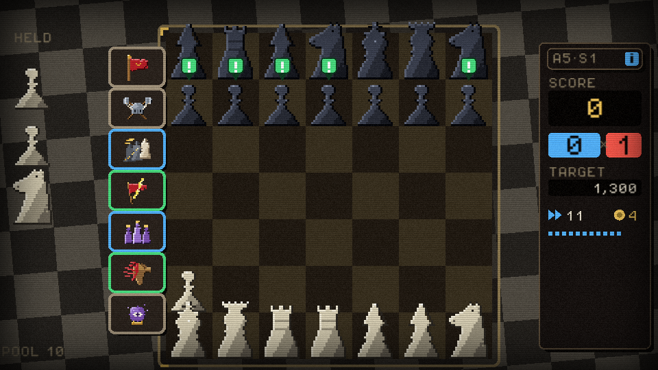 A loaded rail of six stratagems beside a 7×7 battlefield