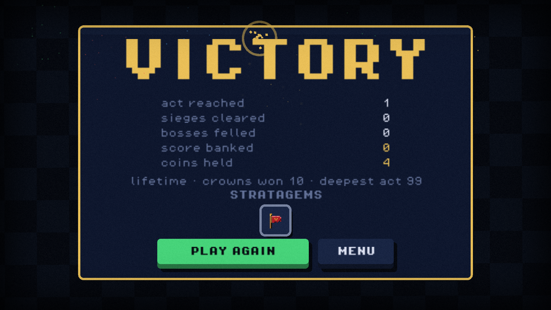 The victory screen after a crowned run